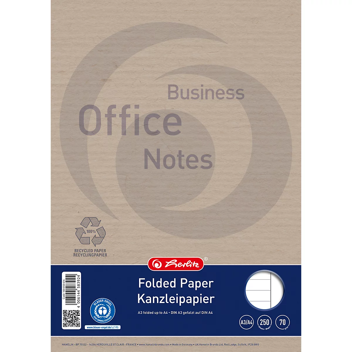 Paquet de papier de bureau Herlitz, A3 plié en A4, 250 feuilles, sur fond brun clair.