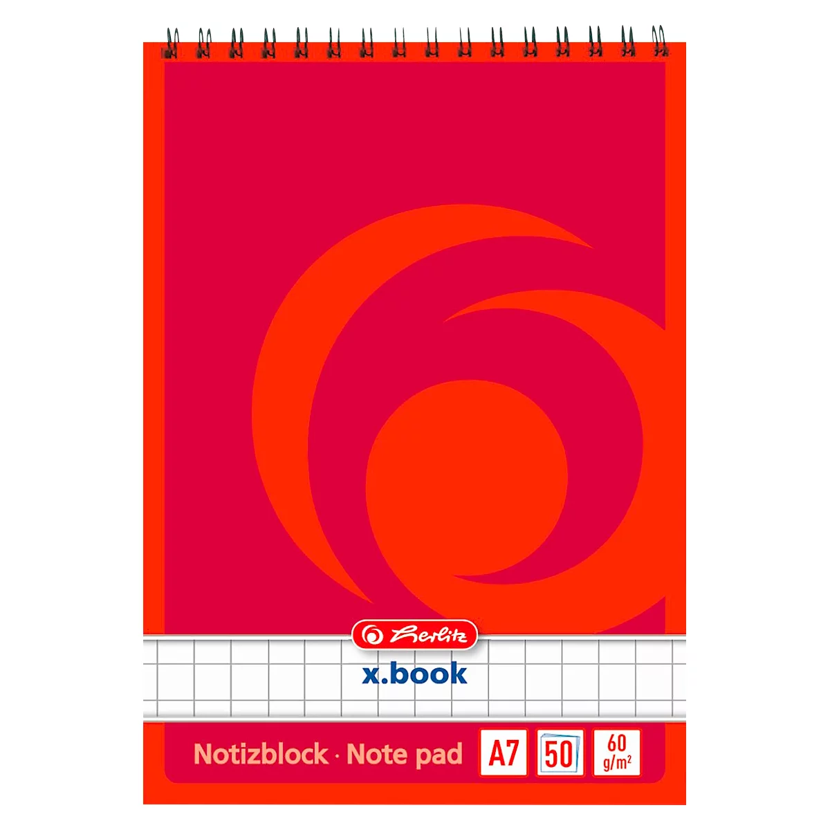 Rood A7 notitieblok met spiraalbinding en Herlitz logo.