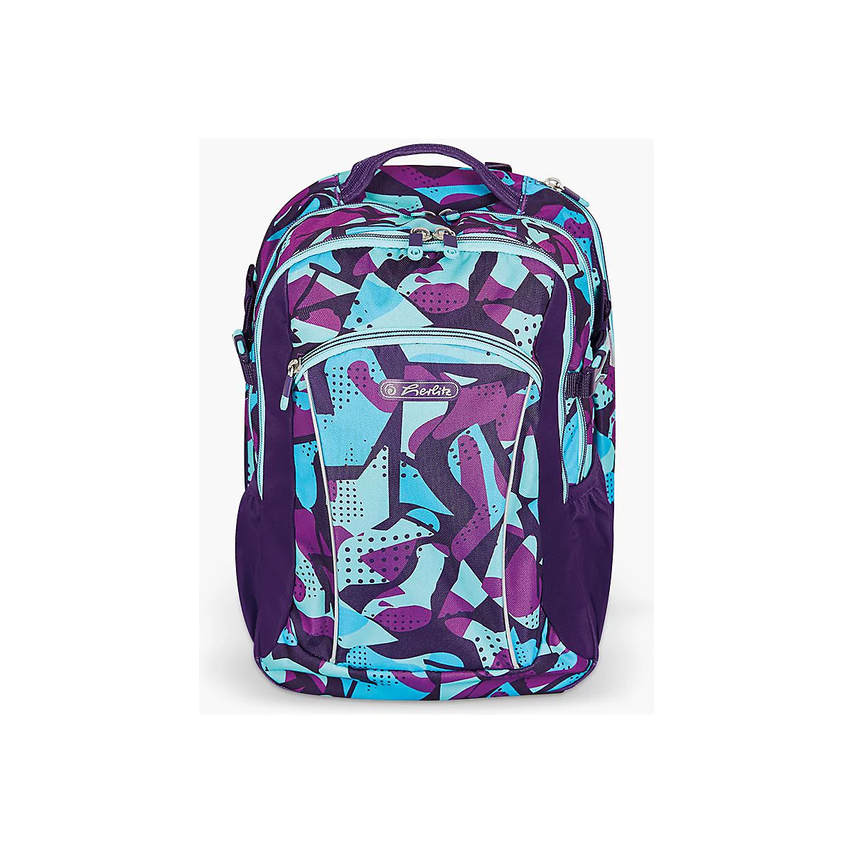 Schulrucksack in Lila und Hellblau mit geometrischem Camouflage-Muster und Herlitz-Logo.