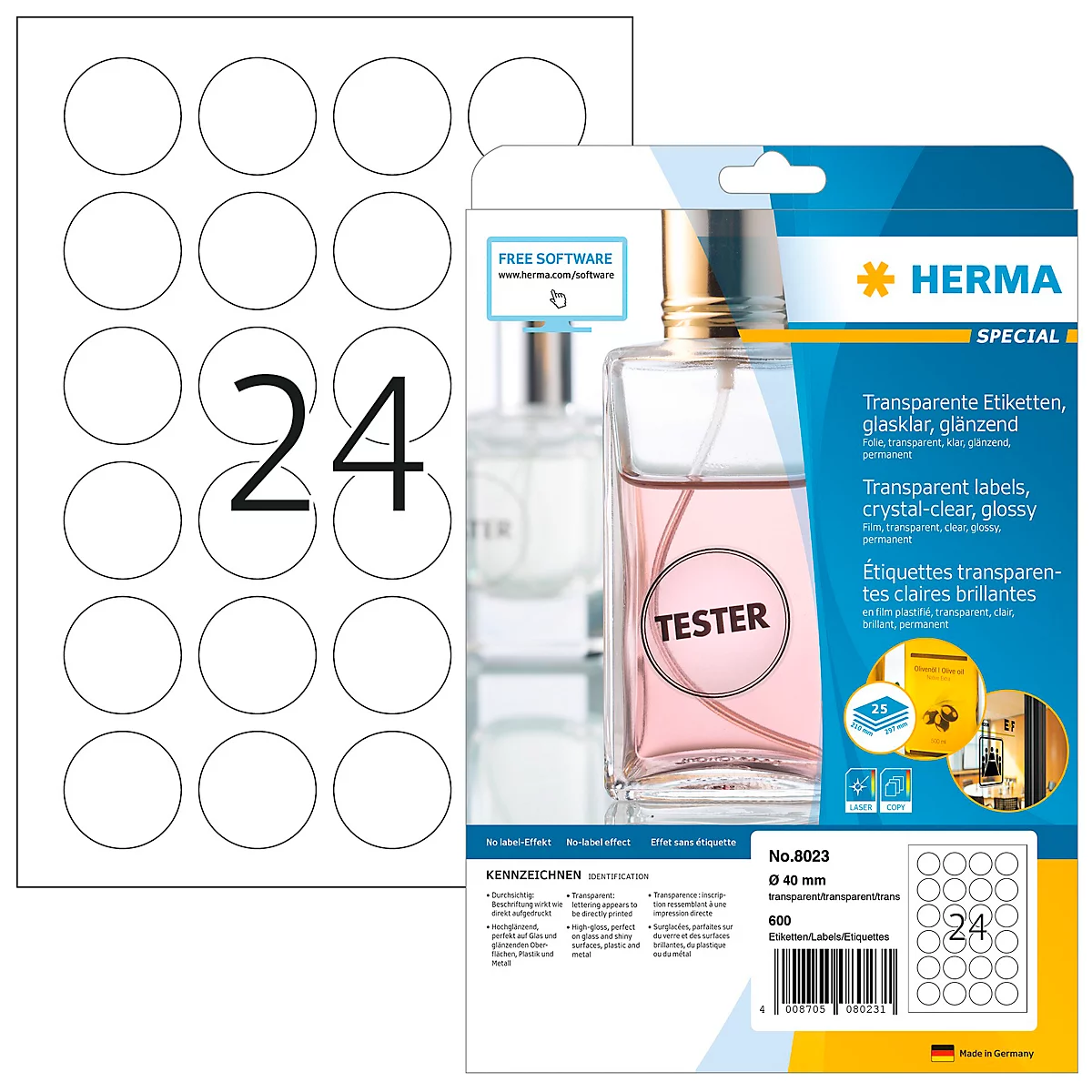 Achterkant van een HERMA-etikettenverpakking. Productinformatie, QR-code en een lijst met etiketformaten op een blauwe achtergrond. HERMA-logo rechtsboven.