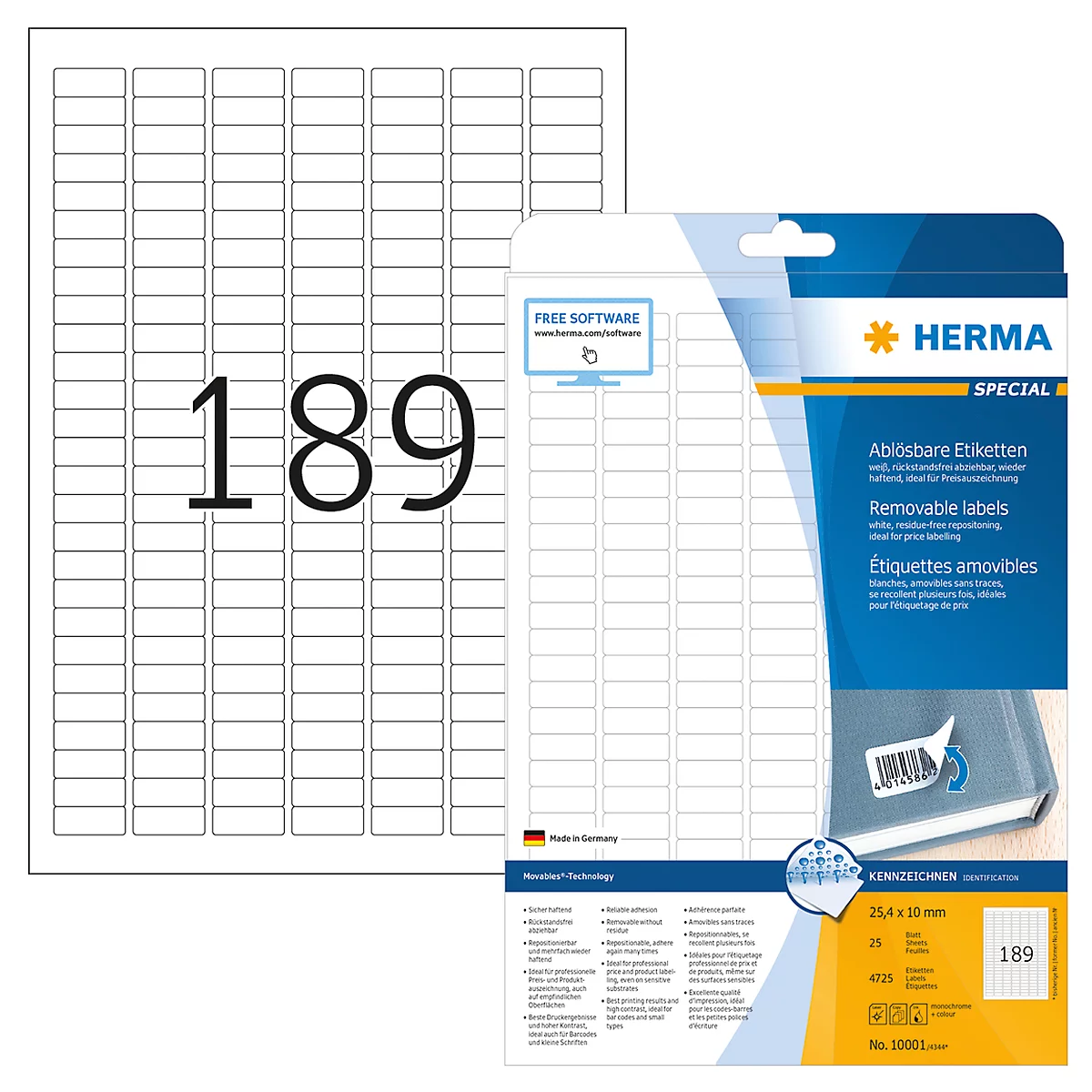 Herma ablösbare Etiketten Nr. 10001 auf DIN A4-Blättern, 4725 Etiketten, 25 Bogen