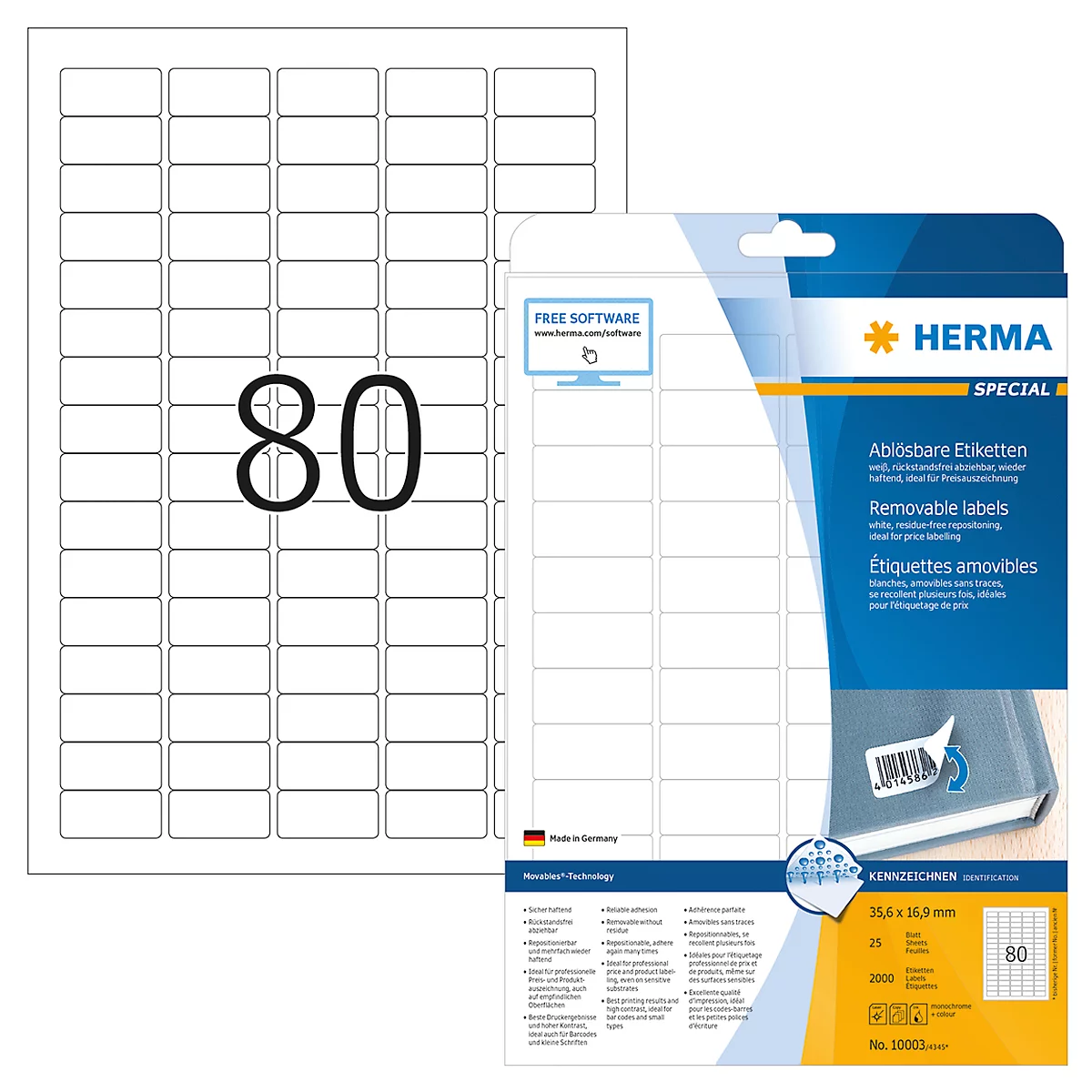 Herma ablösbare Etiketten Nr. 10003 auf DIN A4-Blättern, 2000 Etiketten, 25 Bogen