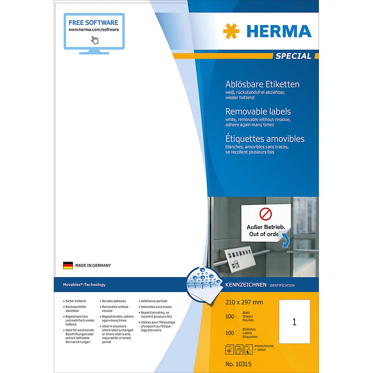 Herma ablösbare Etiketten Nr. 10315 auf DIN A4-Blättern, 100 Etiketten, 100 Bogen