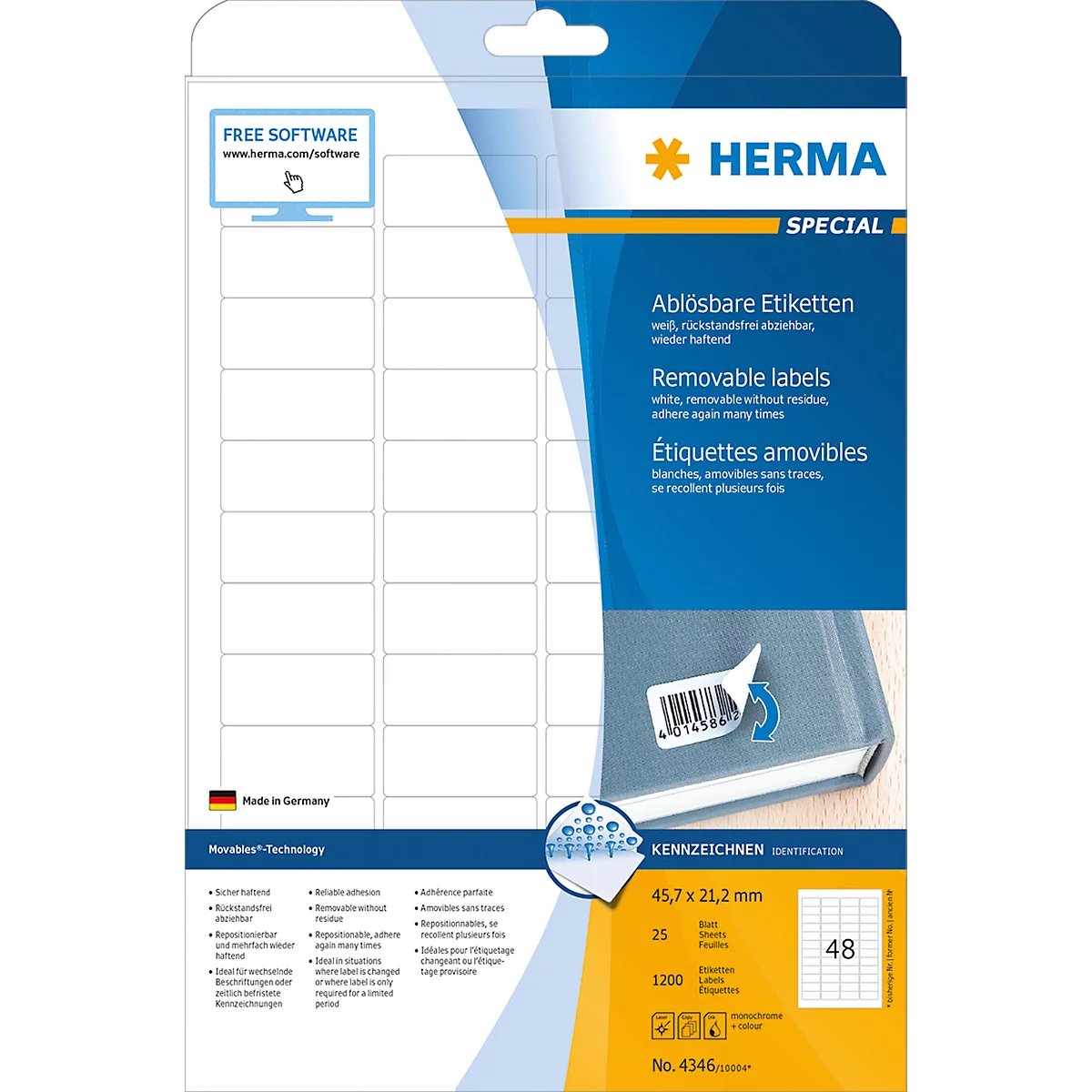 Herma ablösbare Etiketten Nr. 4346 auf DIN A4-Blättern, 1200 Etiketten, 25 Bogen