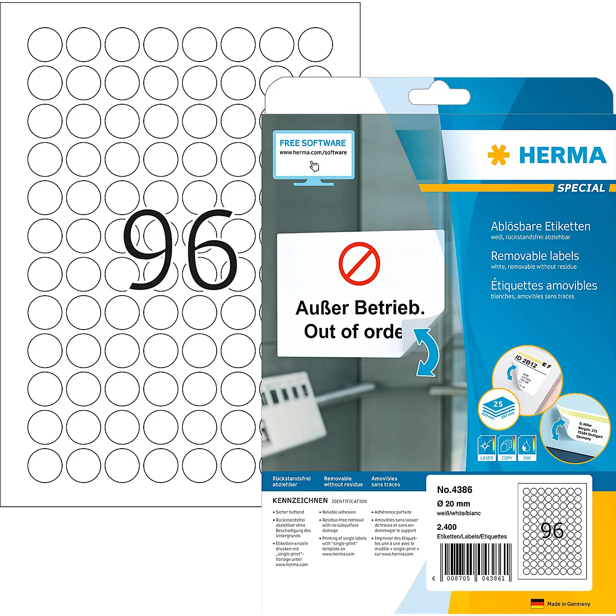 Herma ablösbare Etiketten Nr. 4386, rund, Ø 20 mm, selbstklebend, bedruckbar, Papier, weiß, 2400 Stück auf 25 Blatt