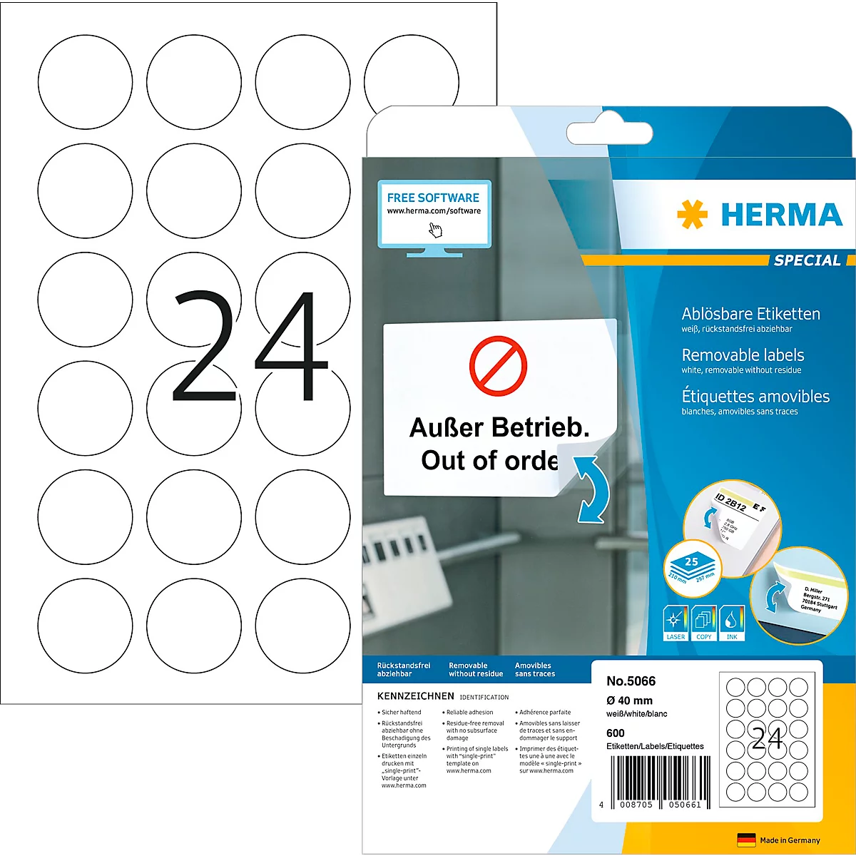 Herma ablösbare Etiketten Nr. 5066, rund, Ø 40 mm, selbstklebend, bedruckbar, Papier, weiß, 600 Stück auf 25 Blatt