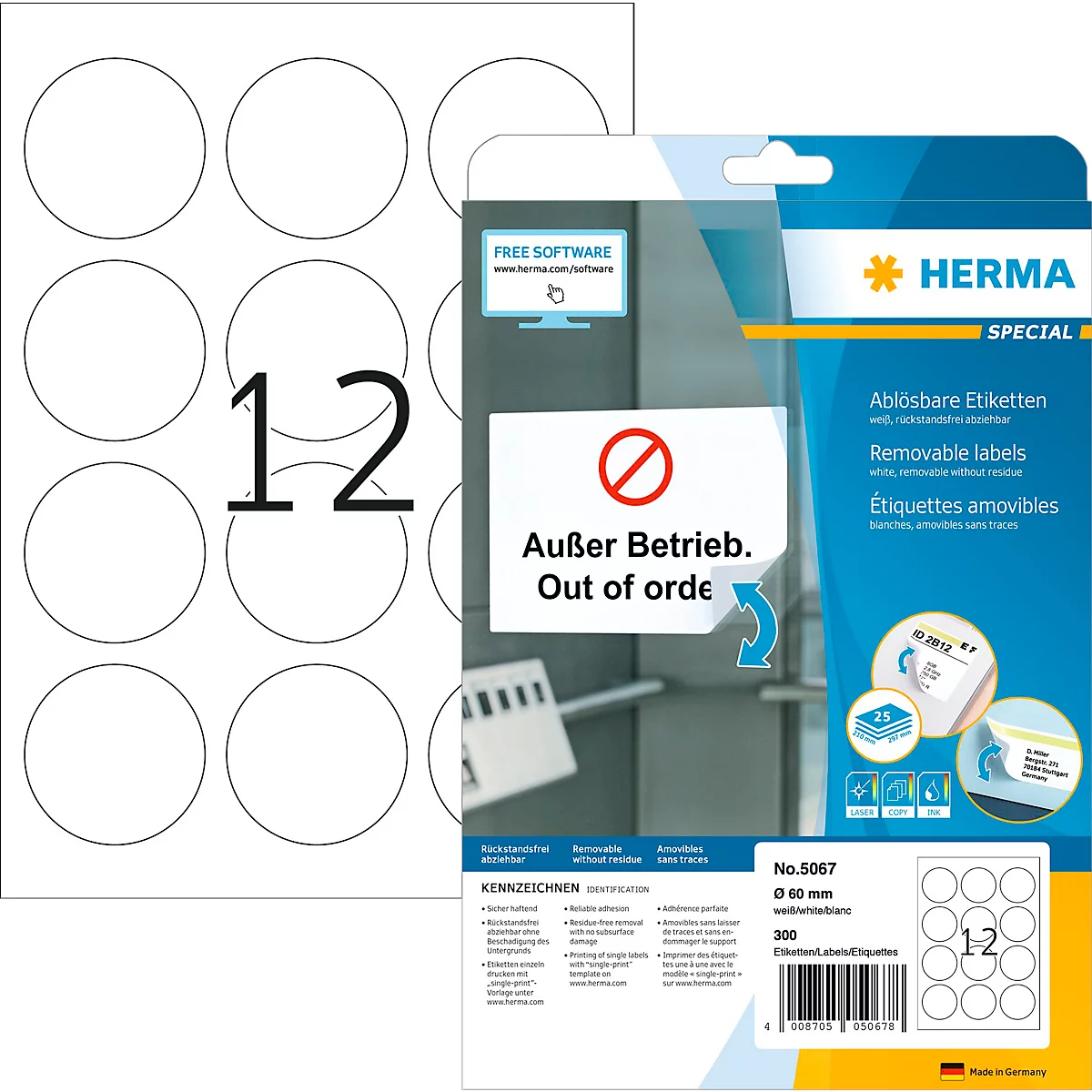 Herma ablösbare Etiketten Nr. 5067, rund, Ø 60 mm, selbstklebend, bedruckbar, Papier, weiß, 300 Stück auf 25 Blatt