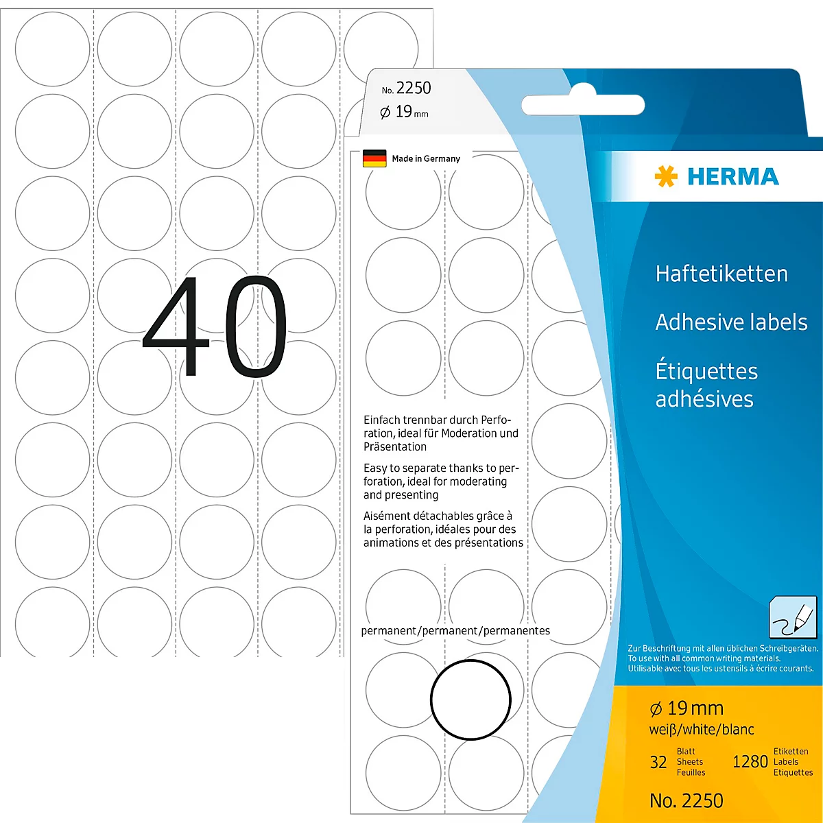 Sheet of white, round labels and packaging. Printed: 40, HERMA, 19 mm, adhesive labels.
