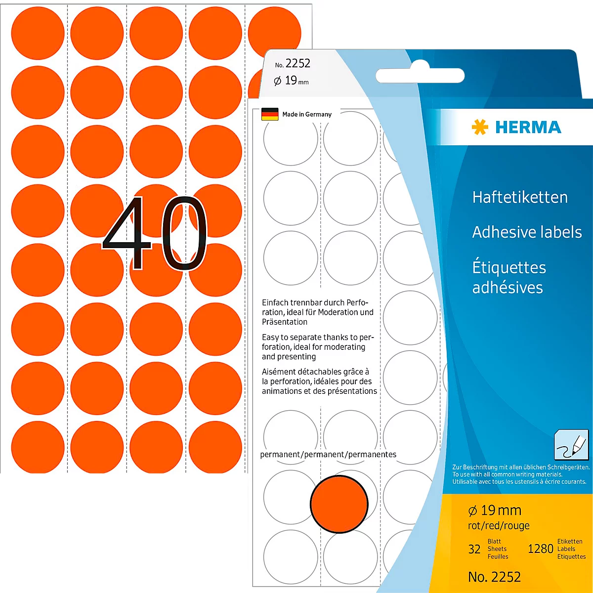 Sheet of 40 orange, round adhesive labels and a package with similar labels. Prints: HERMA, 19 mm, 32 labels.