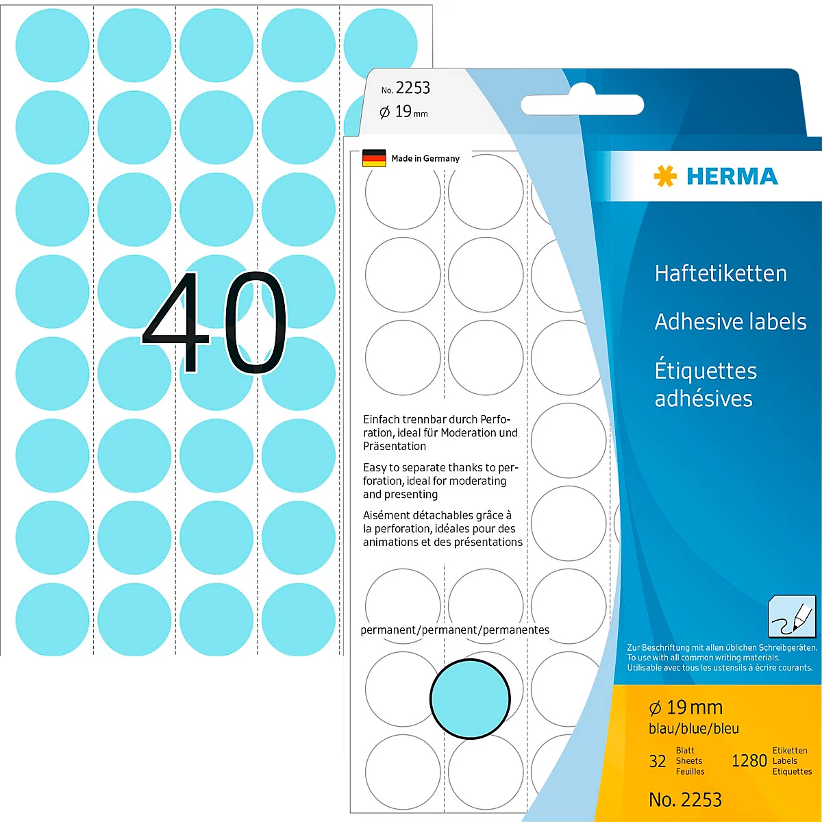 Package of blue, round adhesive labels. "HERMA" and product information are visible on the right.