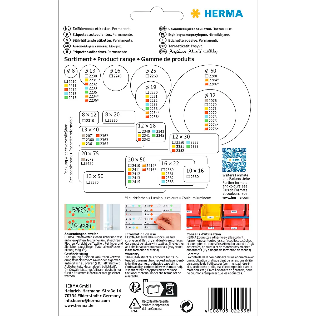 Back of a HERMA label pack. Various sizes and colors are displayed, with text information and examples of use.