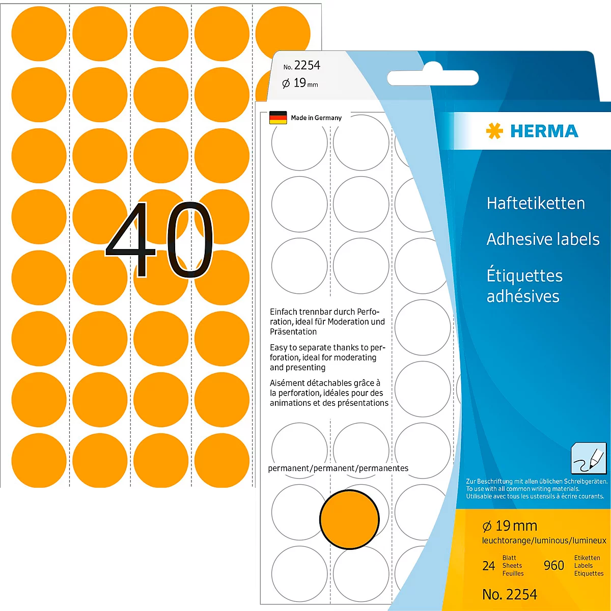 Package of 40 orange round adhesive labels. Next to it a package with more labels.