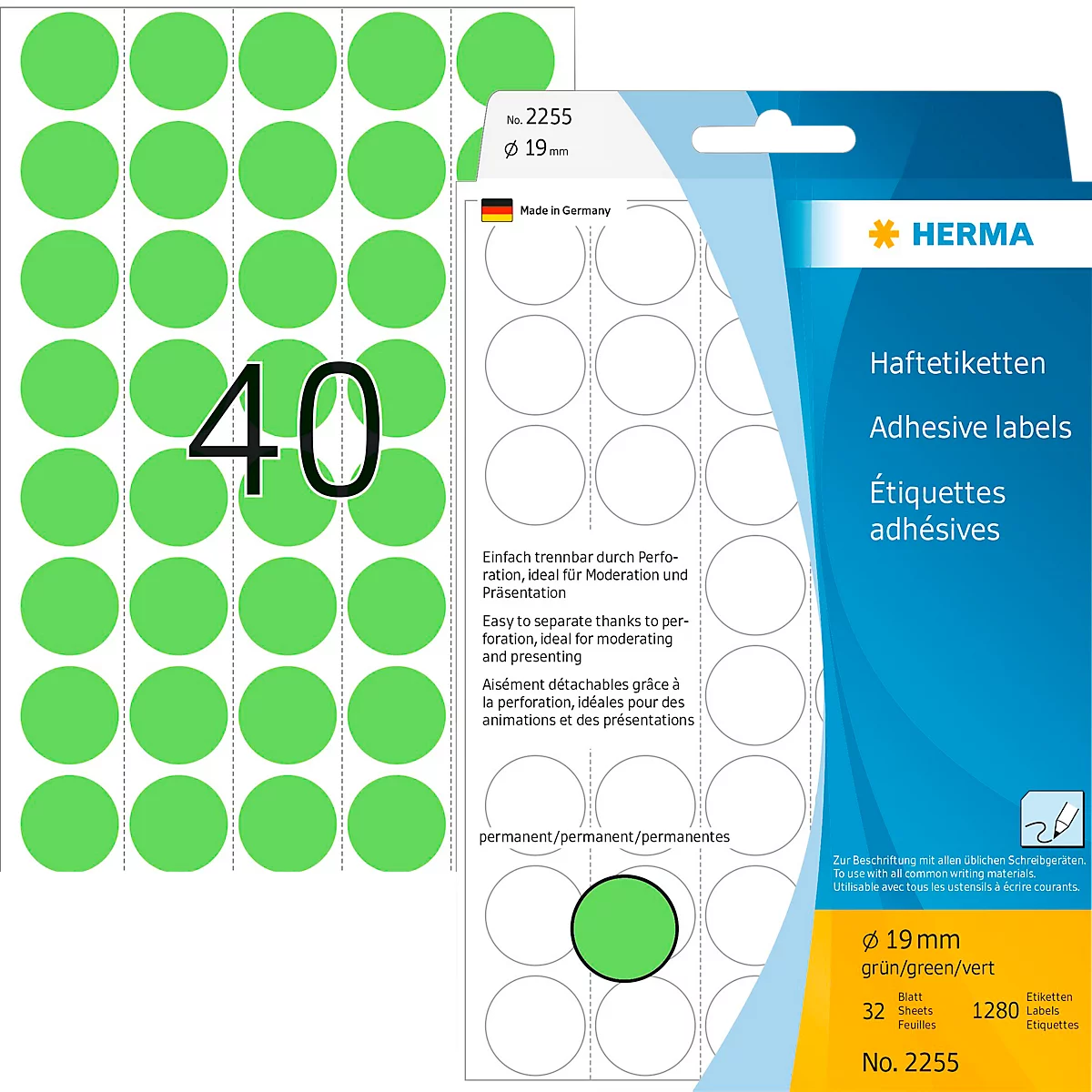Green round adhesive labels on sheets and packaging with the number "40" in black.