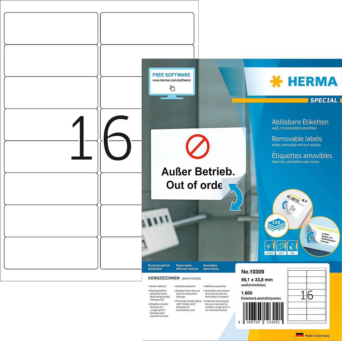 Herma Adressetiketten Special Nr. 10309, 99,1 x 33,8 mm, selbstklebend, ablösbar, bedruckbar, weiß, 1600 Stück auf 100 Blatt