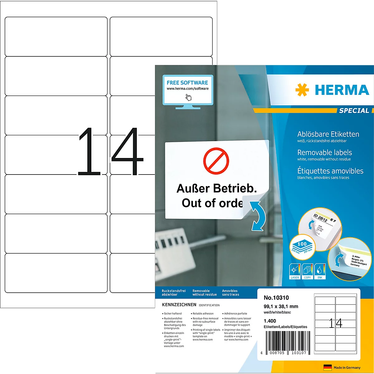 Herma Adressetiketten Special Nr. 10310, 99,1 x 38,1 mm, selbstklebend, ablösbar, bedruckbar, weiß, 1400 Stück auf 100 Blatt