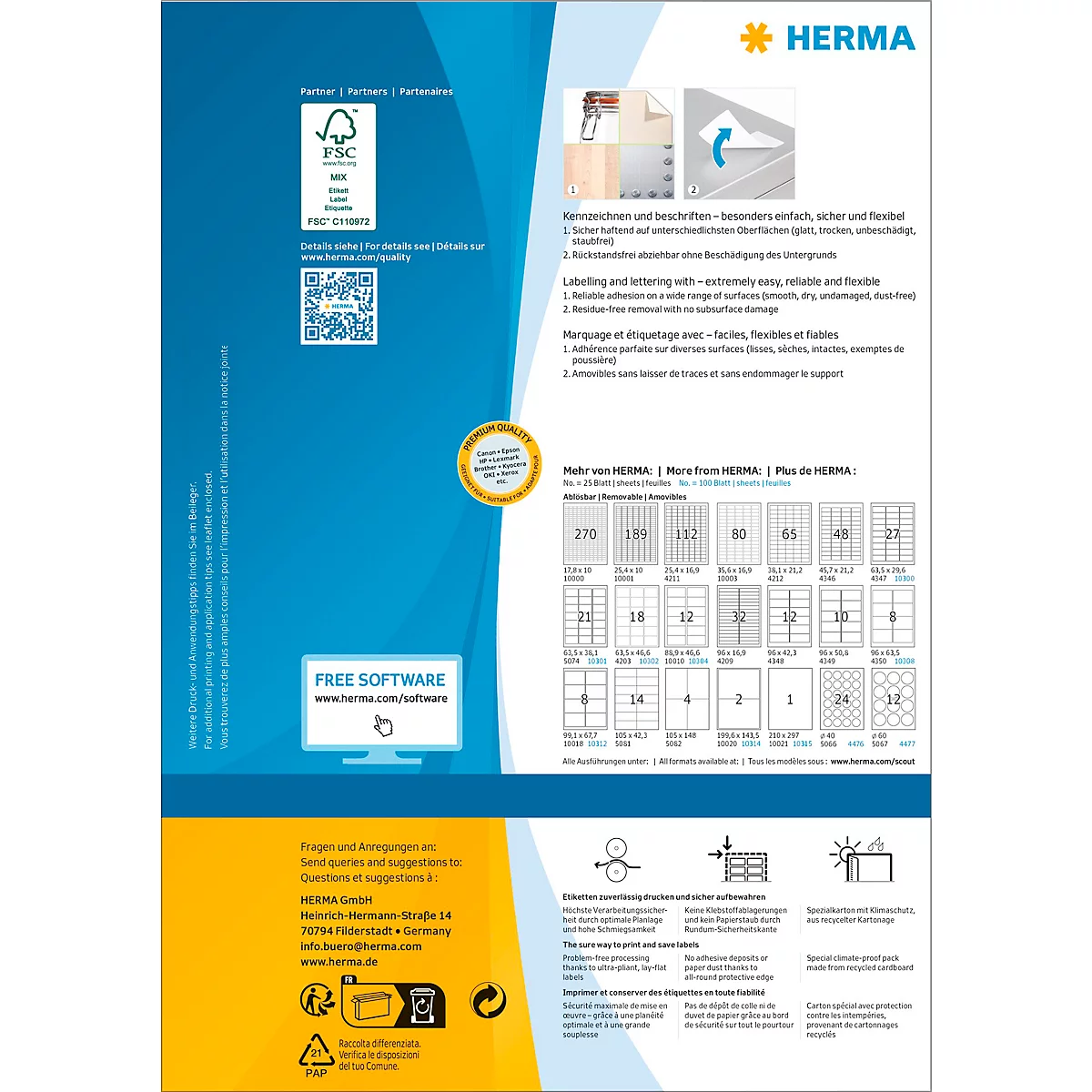 Herma Adressetiketten Special Nr. 10310, 99,1 x 38,1 mm, selbstklebend, ablösbar, bedruckbar, weiß, 1400 Stück auf 100 Blatt
