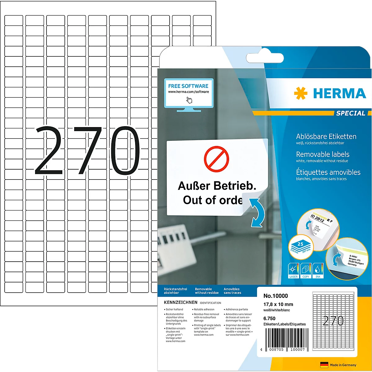 Herma Etiketten Nr. 10000, 17,8 x 10 mm, ablösbar, selbstklebend, Papier, weiß, 6750 Stück