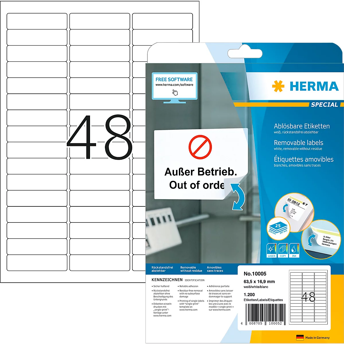 Herma Etiketten Nr. 10005, 63,5 x 16,9 mm, ablösbar, selbstklebend, Papier, weiss, 1200 Stück