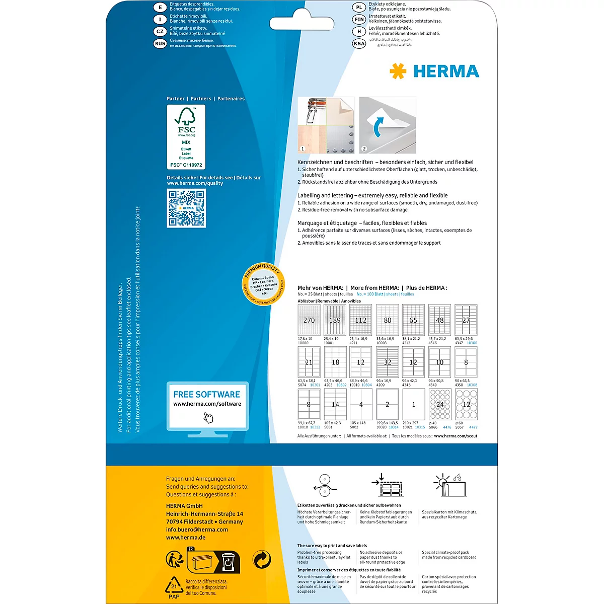 Herma Etiketten Nr. 10018, 99,1 x 67,7 mm, ablösbar, selbstklebend, blickdicht, Papier, weiß, 200 Stück
