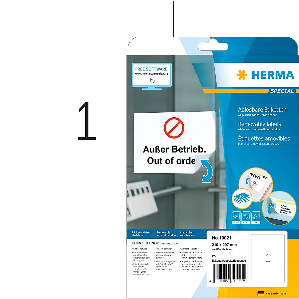 Herma Etiketten Nr. 10021, 210 x 297 mm, ablösbar, selbstklebend, sichere Haftung, Papier, weiss, 25 Stück