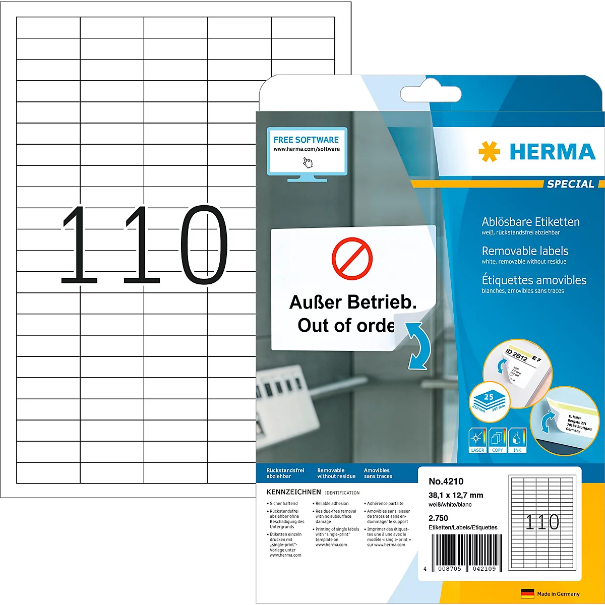 Herma etiketten nr. 4210, DIN A4, zelfklevend, verwijderbaar, bedrukbaar, wit, 2750 stuks op 25 vellen