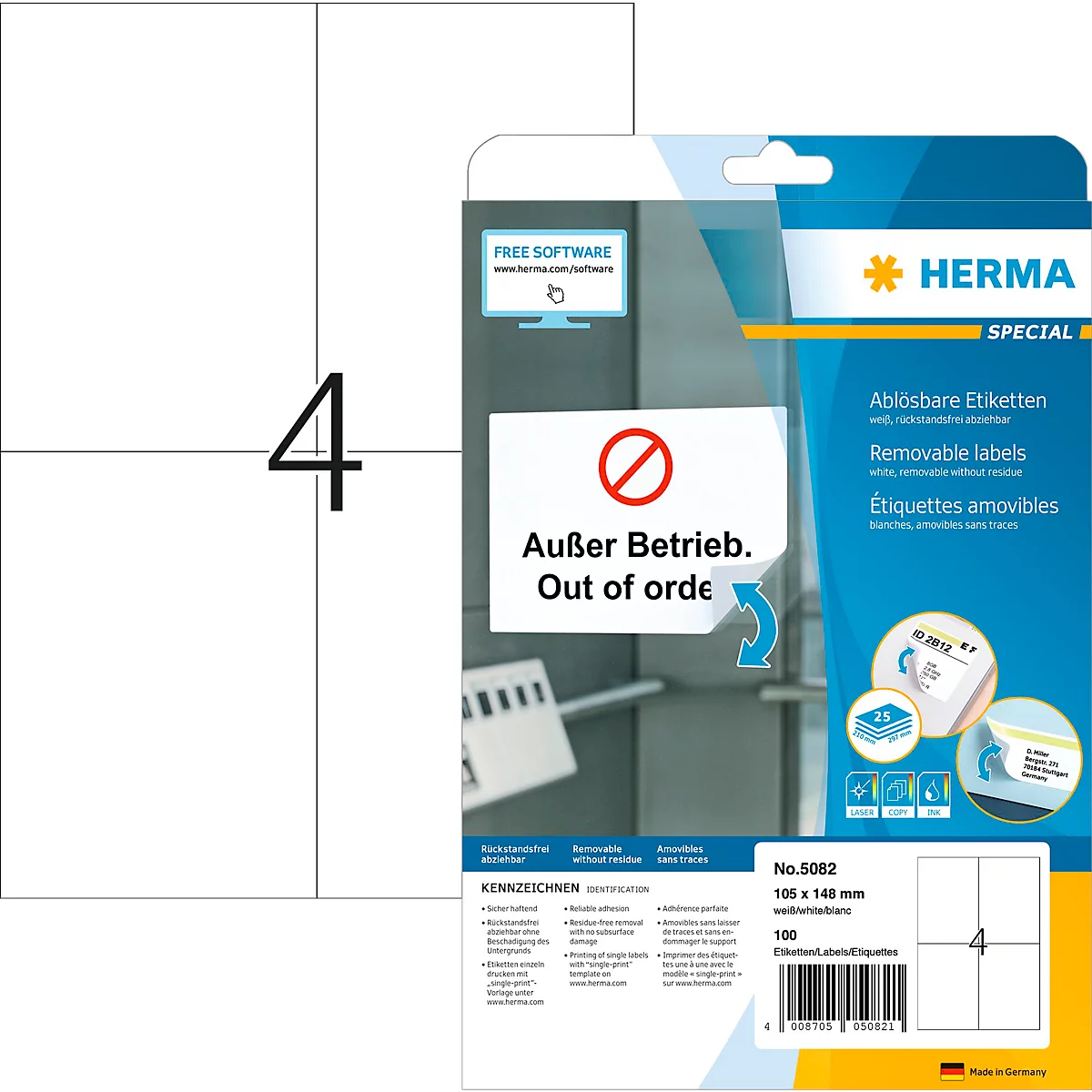 Herma Etiketten Nr. 5082, 105 x 148 mm, ablösbar, selbstklebend, Papier, weiß, 100 Stück 