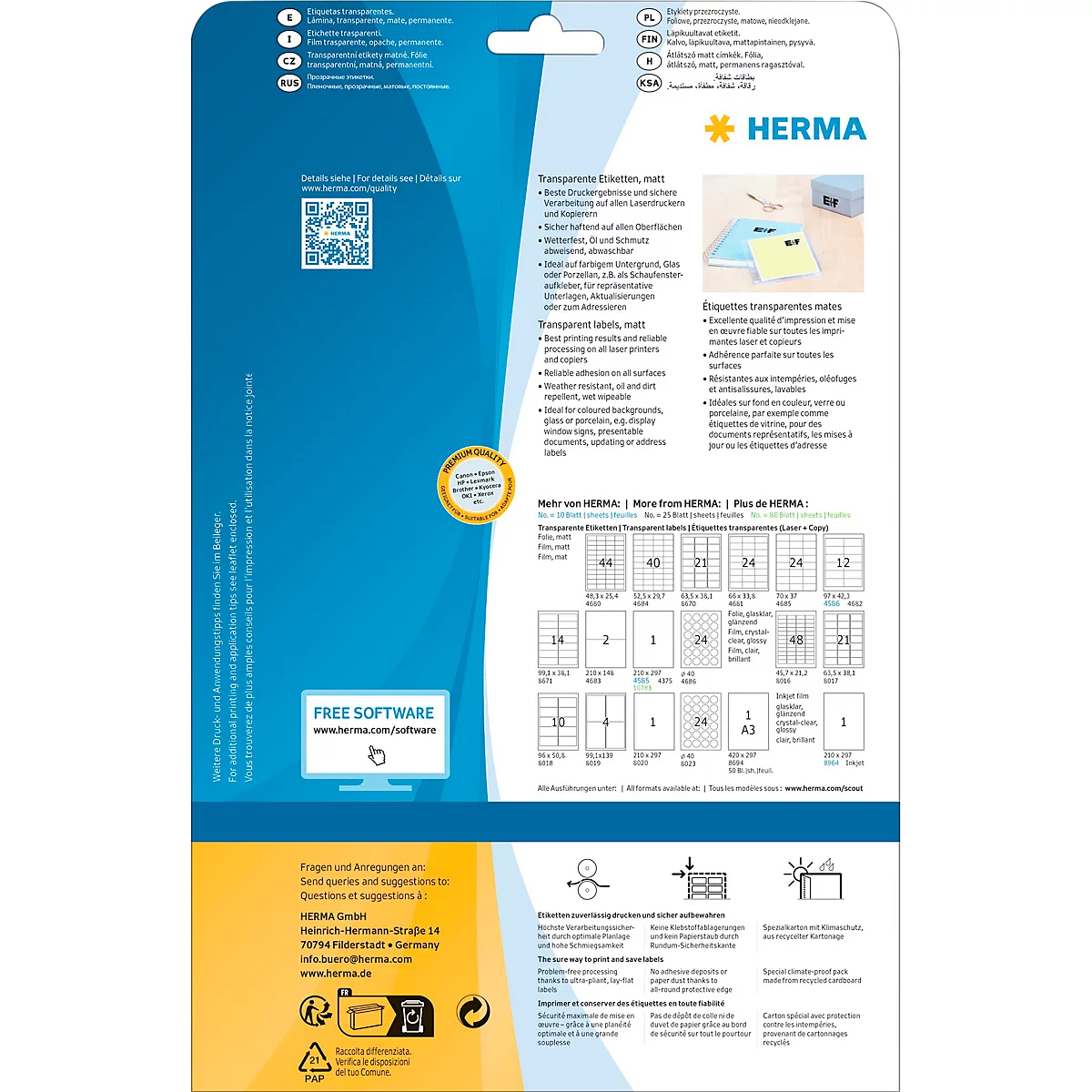 Herma étiquettes en film spécial no. 4680, 48,3 x 25,4 mm, résistantes aux intempéries, imprimables, permanentes, transparentes, 1100 pièces sur 25 feuilles