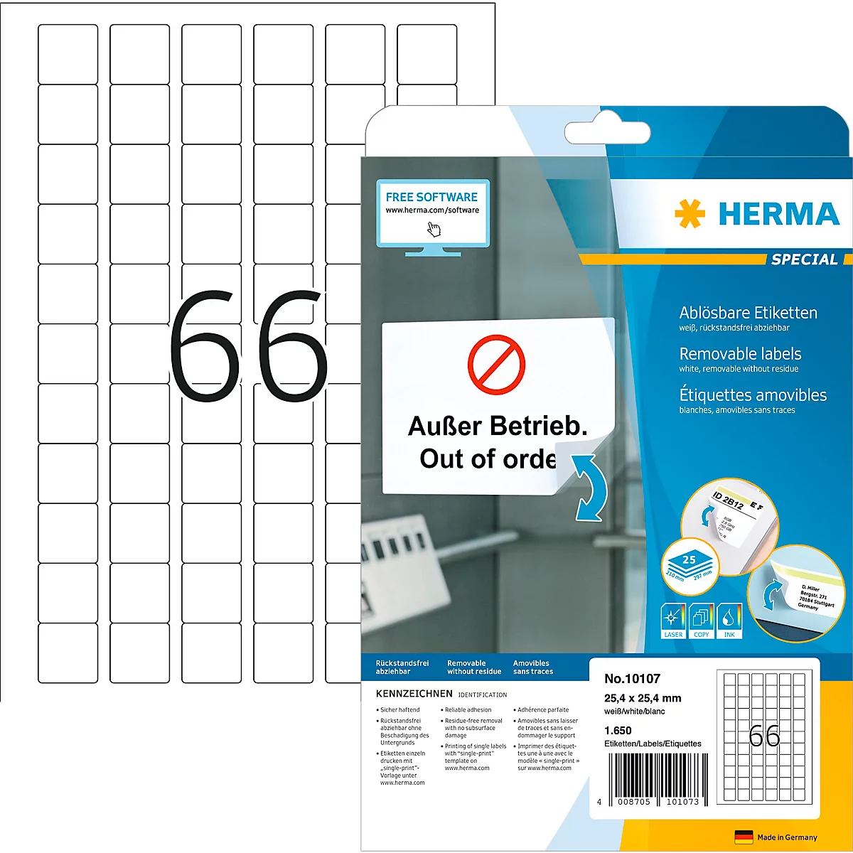 Herma Étiquettes n° 10107, 25,4 x 25,4 mm, carrées, détachables, adhésives, fixation sûre, papier, blanc, 1650 pièces