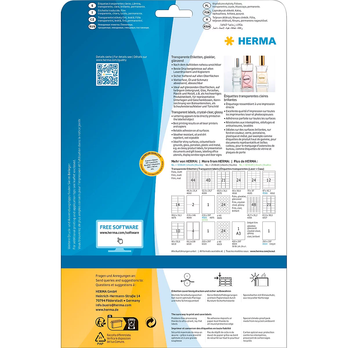 Herma folie-etiketten nr. 8017, polyesterfolie, weerbestendig, transparant, glanzend, bedrukbaar, permanent, 250 stuks op 25 vellen
