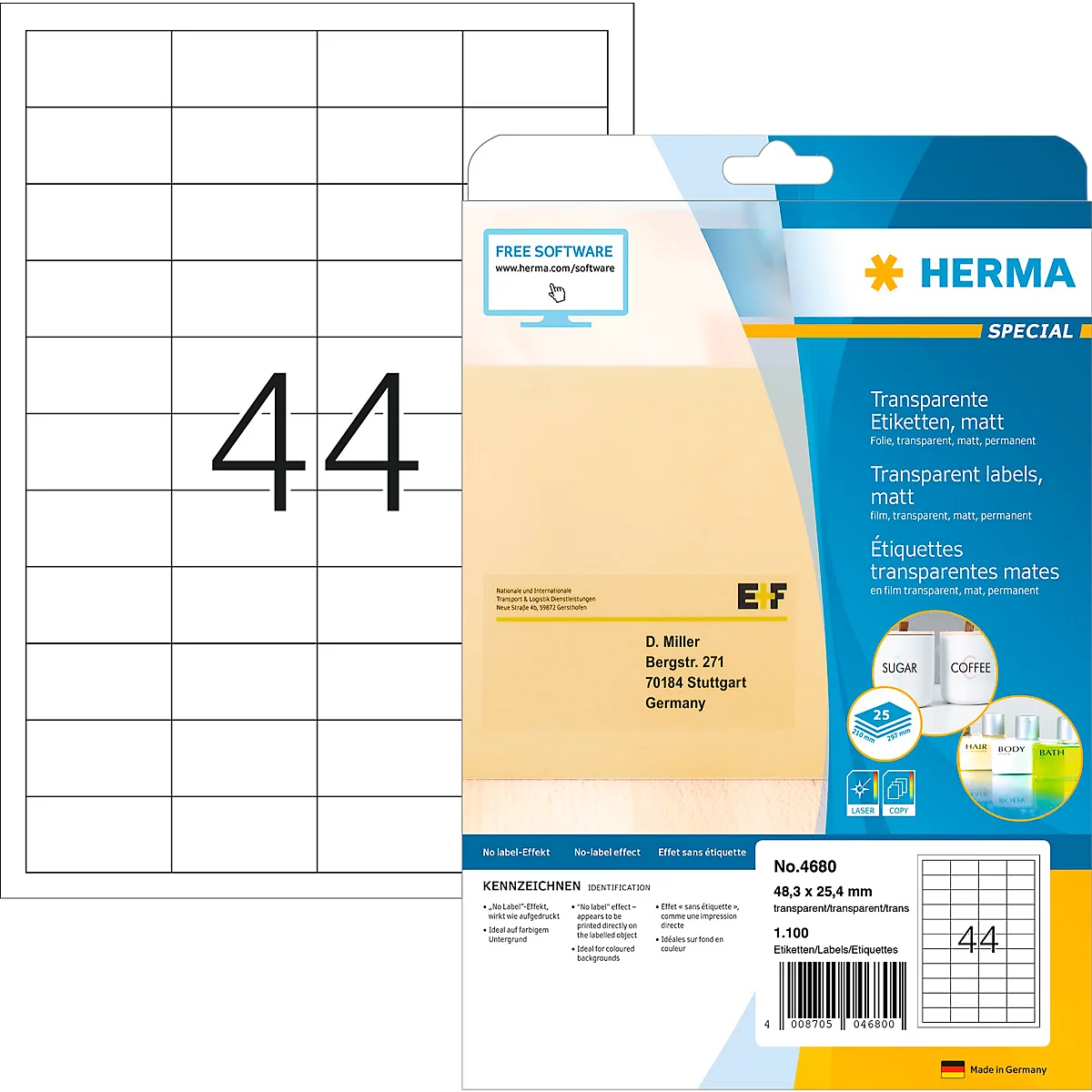 Herma folie-etiketten Speciaal Nr. 4680, 48,3 x 25,4 mm, weerbestendig, bedrukbaar, permanent, transparant, 1100 stuks op 25 vellen