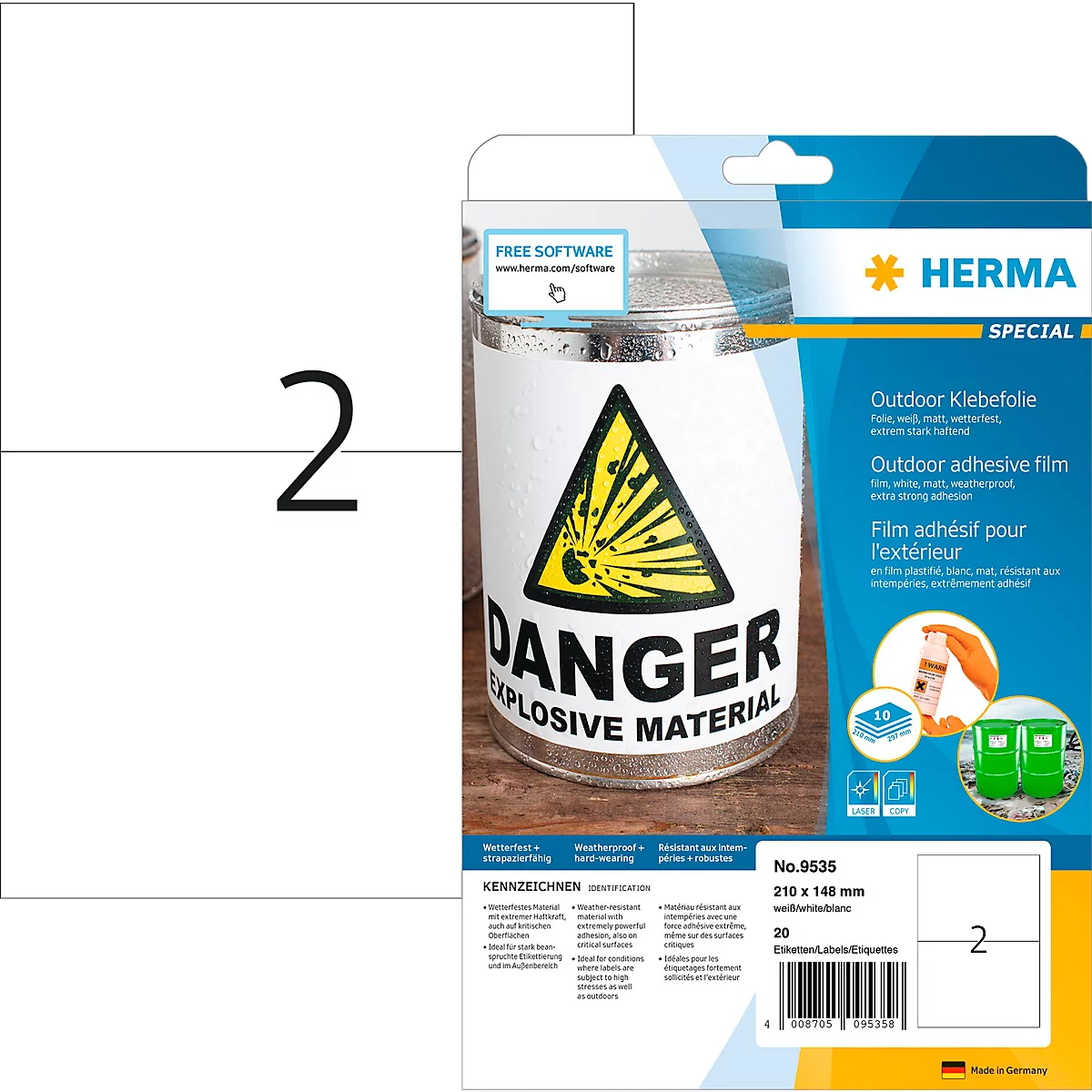 Herma folie-etiketten Speciaal Nr. 9535, 210 x 148 mm, weerbestendig, zelfklevend, permanent, wit, 20 stuks