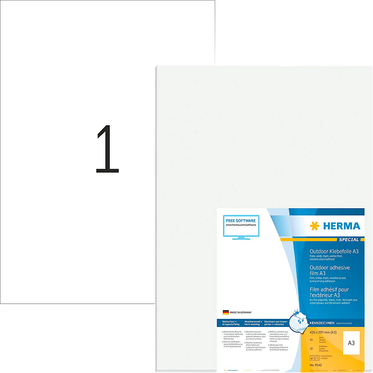 HERMA folie-etiketten Speciaal Nr. 9542, 297 x 420 mm, weerbestendig, afwasbaar, zelfklevend, vuilafstotend, wit, 10 st.