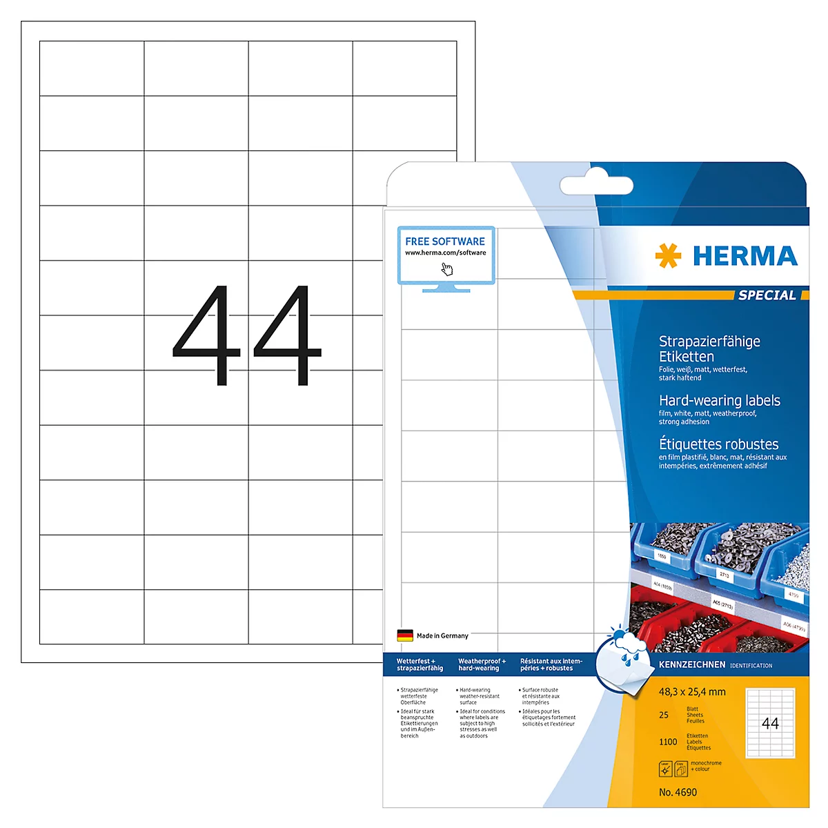 Herma Folien-Etiketten Nr. 4690 auf DIN A4-Blättern, 1100 Etiketten, 25 Bogen