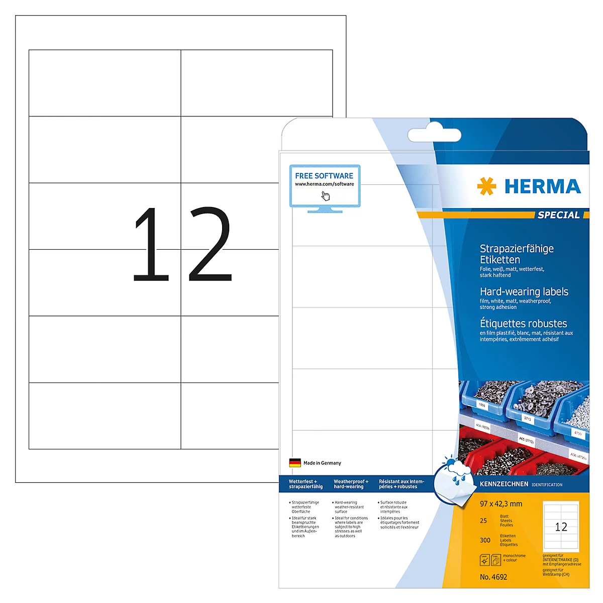 Herma Folien-Etiketten Nr. 4692 auf DIN A4-Blättern, 300 Etiketten, 25 Bogen