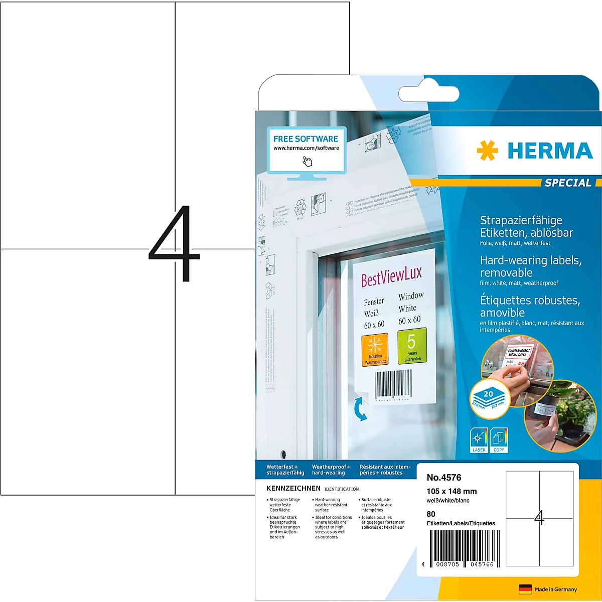 Herma Folienetiketten Special Nr. 4576, 105 x 148 mm, wetterfest, bedruckbar, matt, 80 Stück auf 20 Blatt