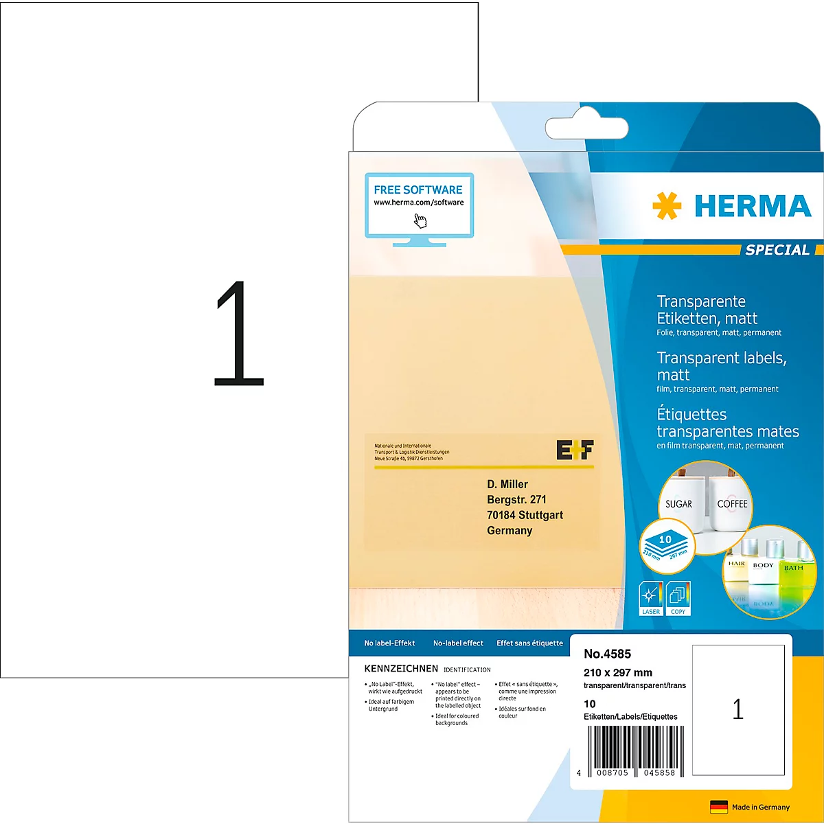 Herma Folienetiketten Special Nr. 4585, 210 x 297 mm, wetterfest, bedruckbar, permanent, transparent, matt, 10 Stück auf 10 Blatt