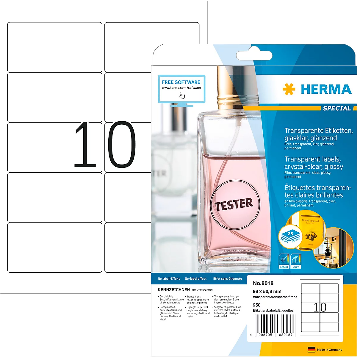 Herma Folienetiketten Special Nr. 8018, 96 x 50,8 mm, wetterfest, selbstklebend, permanent, transparent, 250 Stück