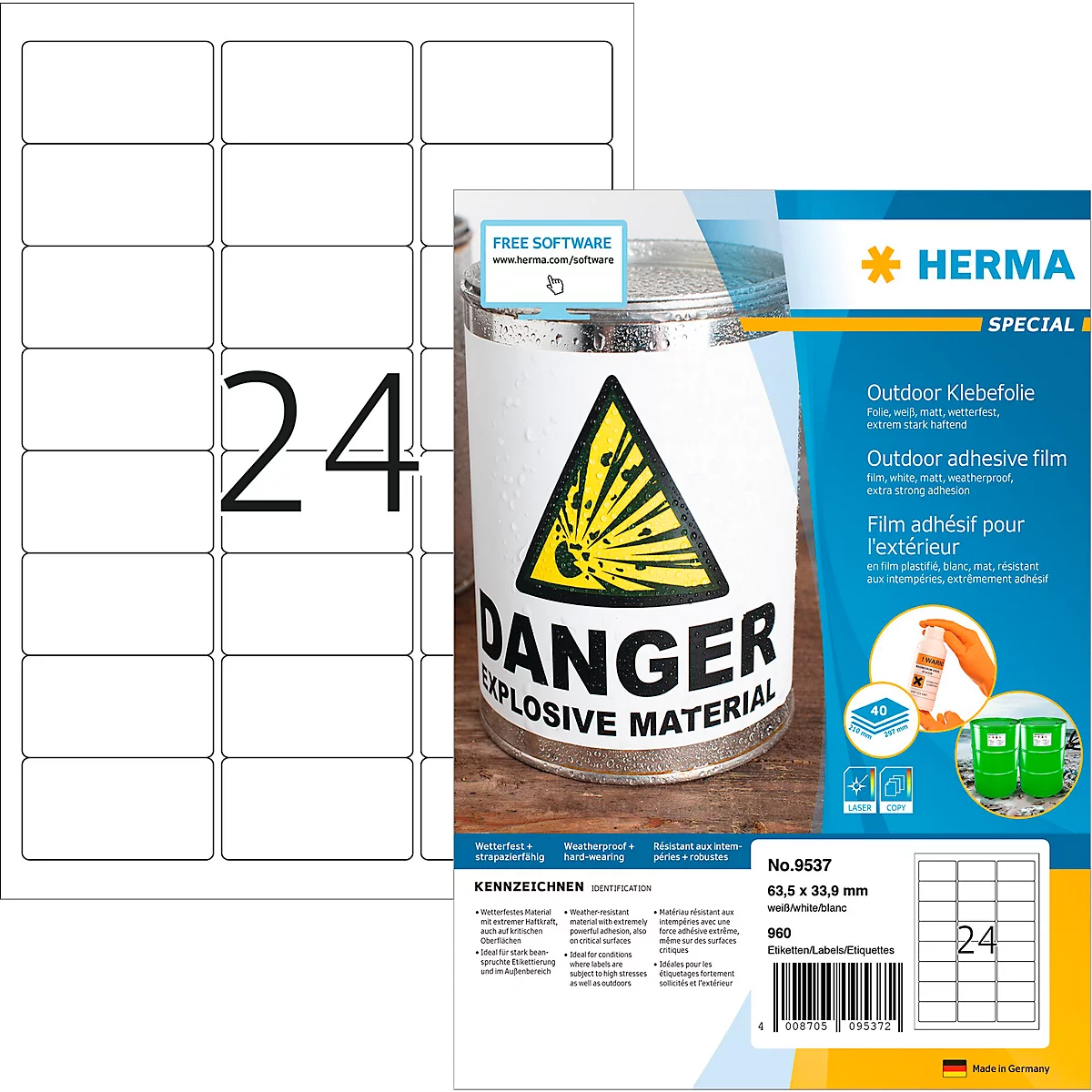 Herma Folienetiketten Special Nr. 9537, 63,5 x 33,9 mm, wetterfest, abwaschbar, selbstklebend, schmutzabweisend, weiß, 960 Stück