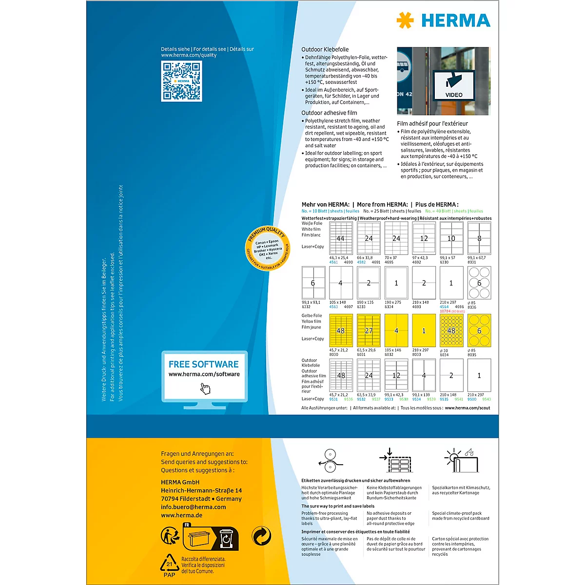 Herma Folienetiketten Special Nr. 9537, 63,5 x 33,9 mm, wetterfest, abwaschbar, selbstklebend, schmutzabweisend, weiß, 960 Stück