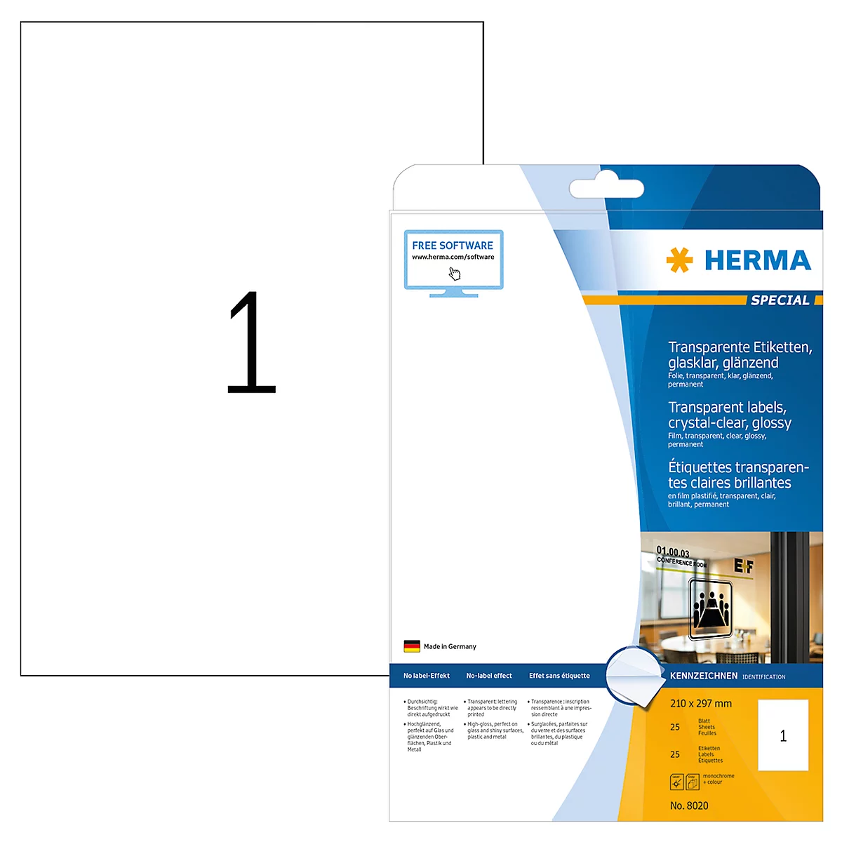 Herma glänzende Folien-Etiketten Nr. 8020 auf DIN 4-Blättern, 25 Etiketten, 25 Bogen