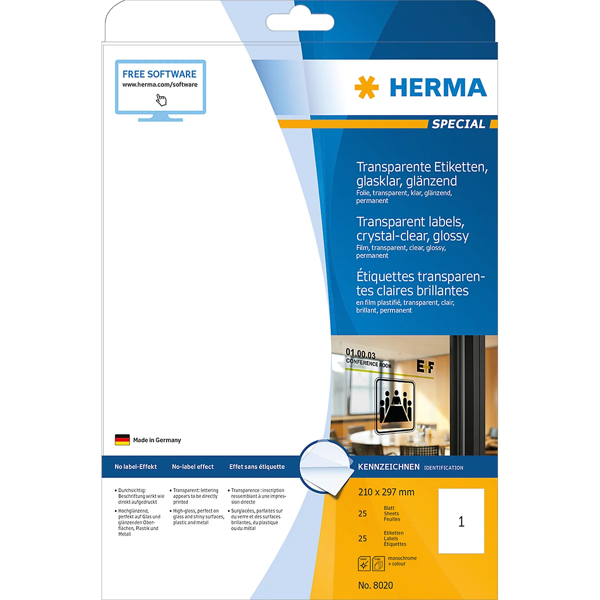 Herma glänzende Folien-Etiketten Nr. 8020 auf DIN 4-Blättern, 25 Etiketten, 25 Bogen