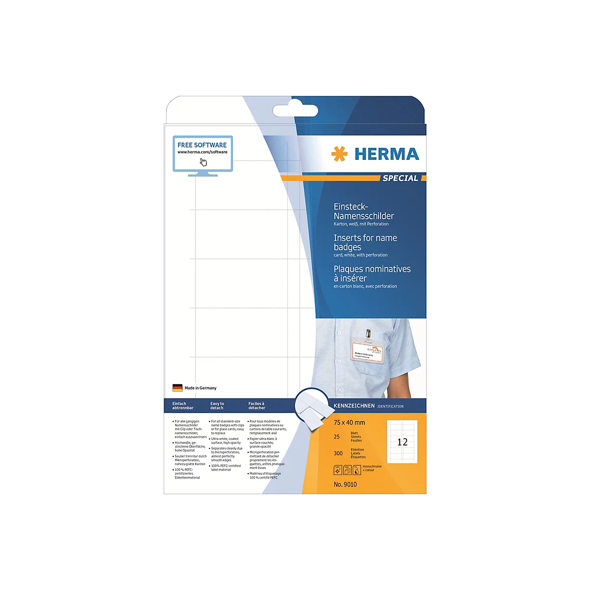 Herma Namensschild-Einleger, A4-Bogen, weißer Karton mit Perforation, 300 Stück, 75x40 mm.