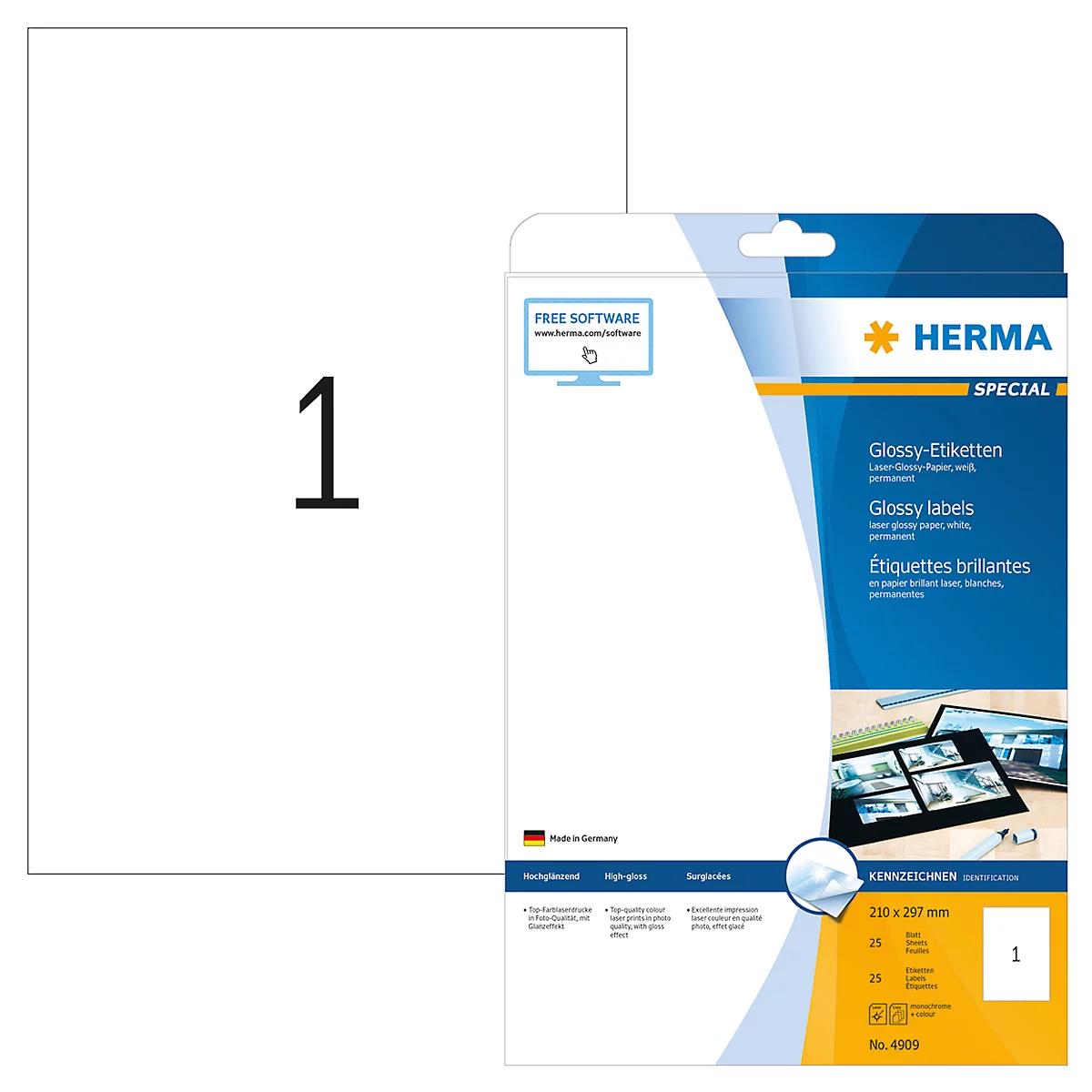 Herma Hochglanz-Etiketten Nr. 4909 auf DIN A4-Blättern, 25 Etiketten, 25 Bogen