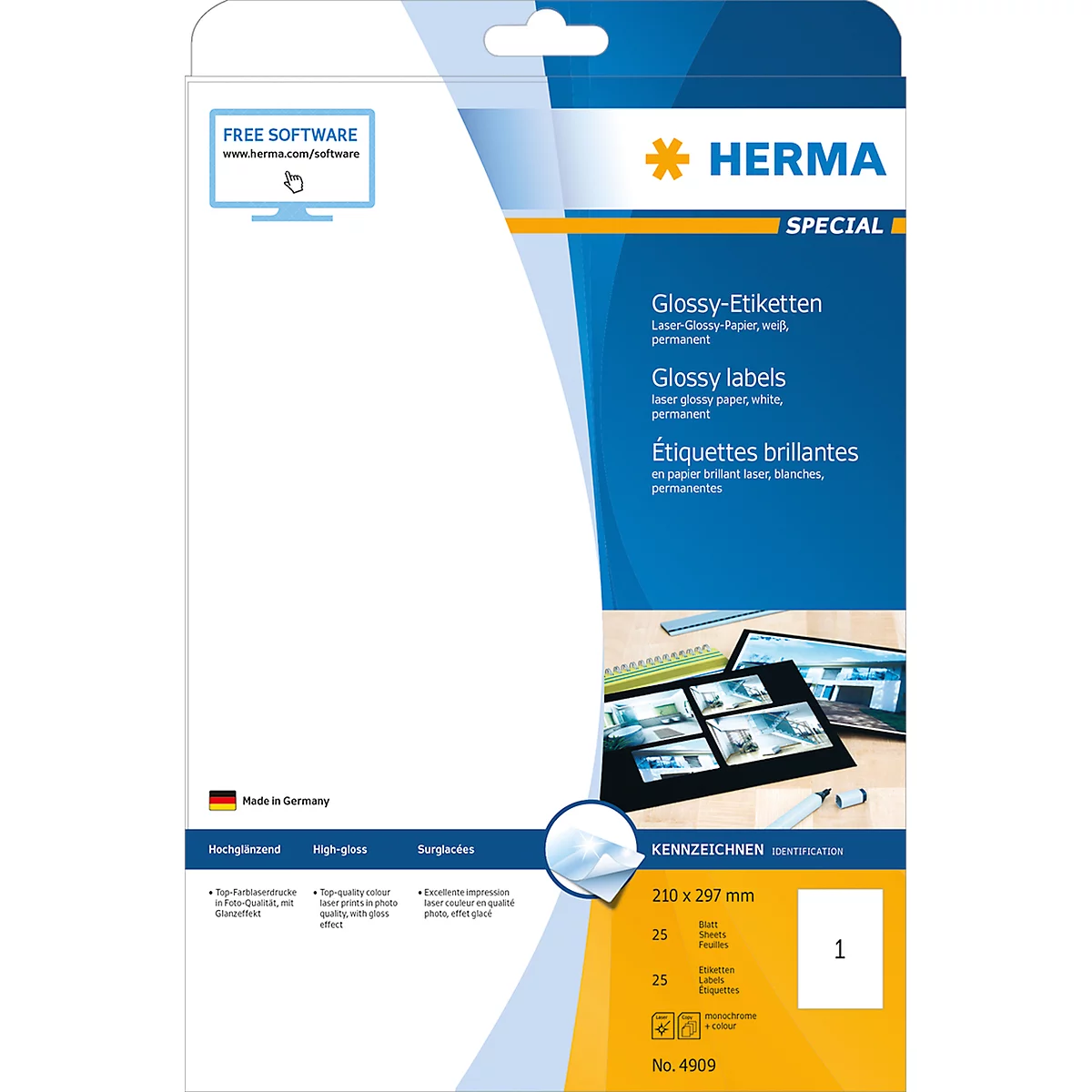 Herma hoogglans-etiketten nr. 4909 op A4-bladen, 25 etiketten, 25 vellen