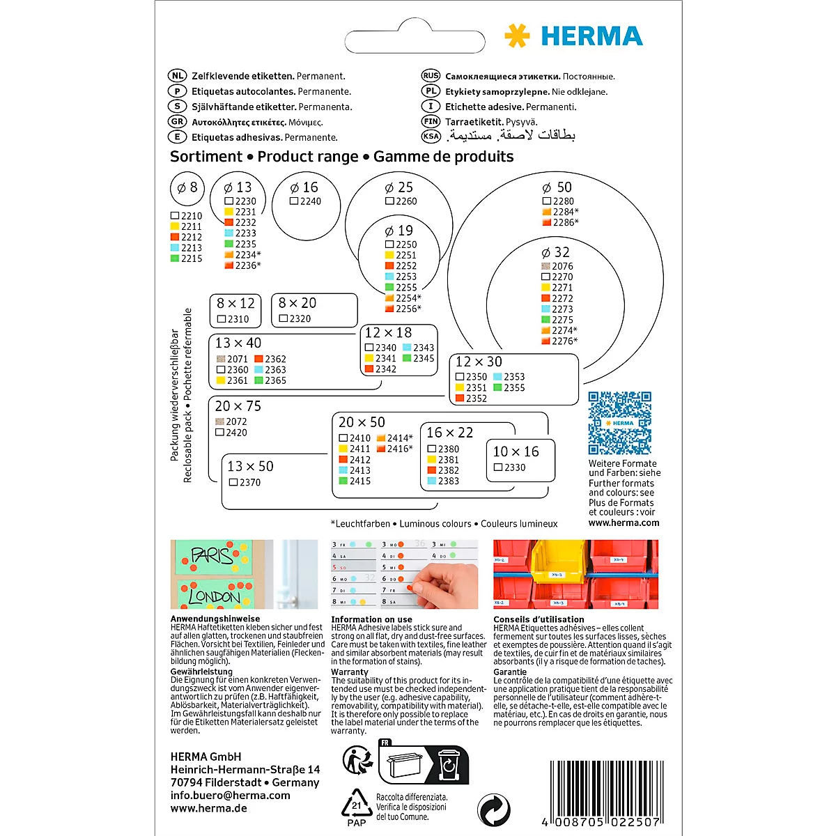 HERMA Klebepunkte 2250, Ø 19 mm, selbstklebend, permanenthaftend, per Hand beschreibbar, 1280 Stück auf 32 Blatt, FSC®-Papier, weiß