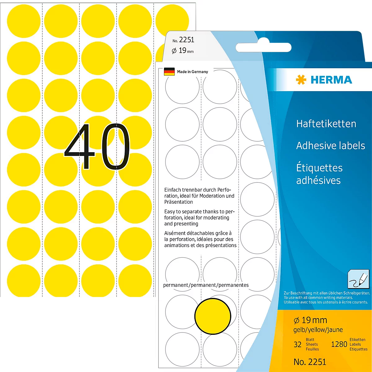 HERMA Klebepunkte 2251, Ø 19 mm, selbstklebend, permanenthaftend, per Hand beschreibbar, 1280 Stück auf 32 Blatt, FSC®-Papier, gelb