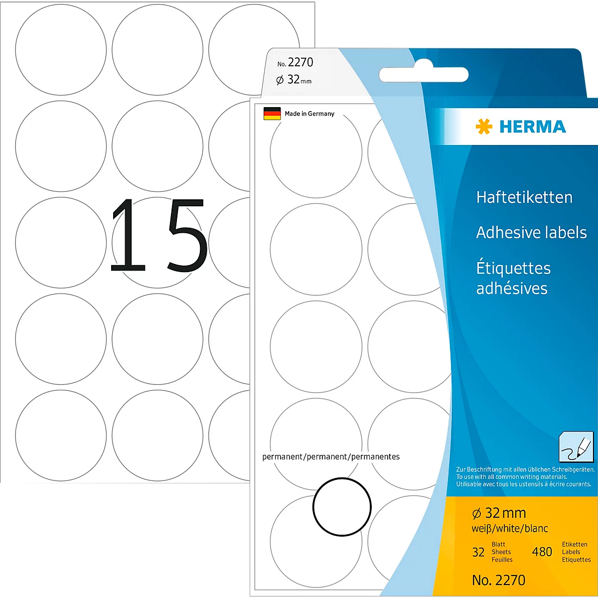 HERMA Klebepunkte 2270, Ø 32 mm, selbstklebend, permanenthaftend, per Hand beschreibbar, 480 Stück auf 32 Blatt, FSC®-Papier, weiß