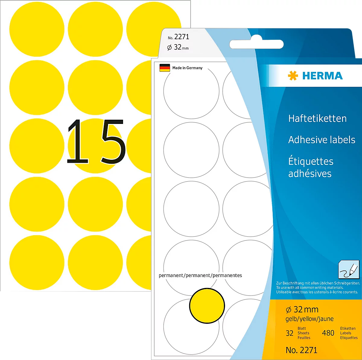 HERMA Klebepunkte 2271, Ø 32 mm, selbstklebend, permanenthaftend, per Hand beschreibbar, 480 Stück auf 32 Blatt, FSC®-Papier, gelb