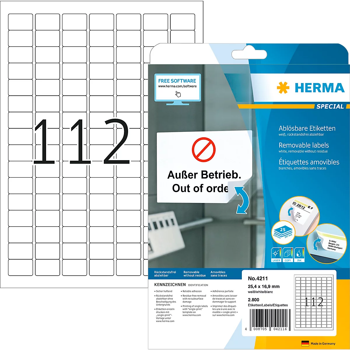 Herma kwaliteitslabels nr. 4211, zelfklevend, verwijderbaar, bedrukbaar, wit, 2800 stuks op 25 vellen