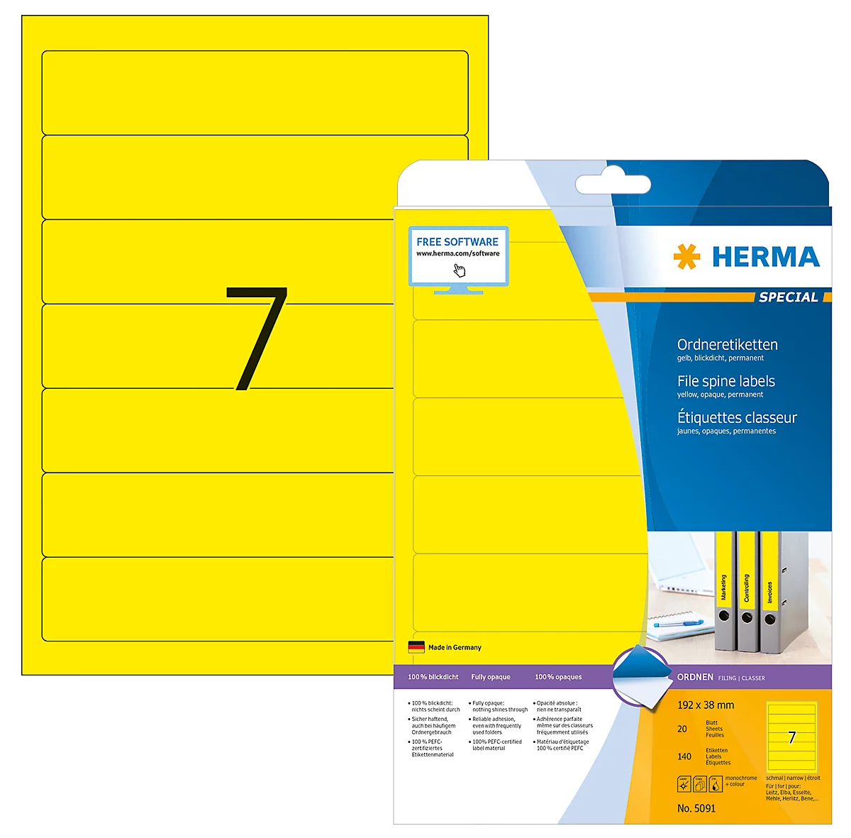 Herma Ordneretiketten A4, 192 mm lang, permanent haftend/bedruckbar, 140 Stück, gelb